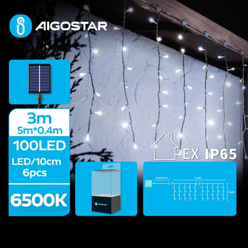 Aigostar - Guirnalda solar LED navideña 100xLED/8 funciones 8x0,4m IP65 blanco frío 800 mAh