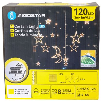 Aigostar - LED guirnalda solar 120xLED/8 funciones 3x0,6m 500 mAh IP65 blanco cálido