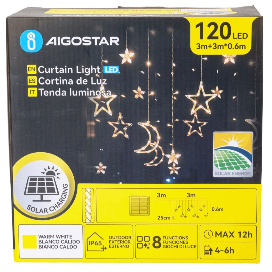 Aigostar - LED guirnalda solar 120xLED/8 funciones 3x0,6m 500 mAh IP65 blanco cálido