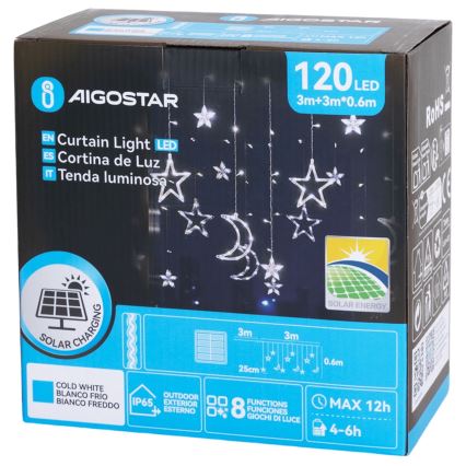 Aigostar - Cadena de luces LED solar para Navidad 120 LEDs/8 funciones 3x0,6 m 500 mAh IP65 blanco frío