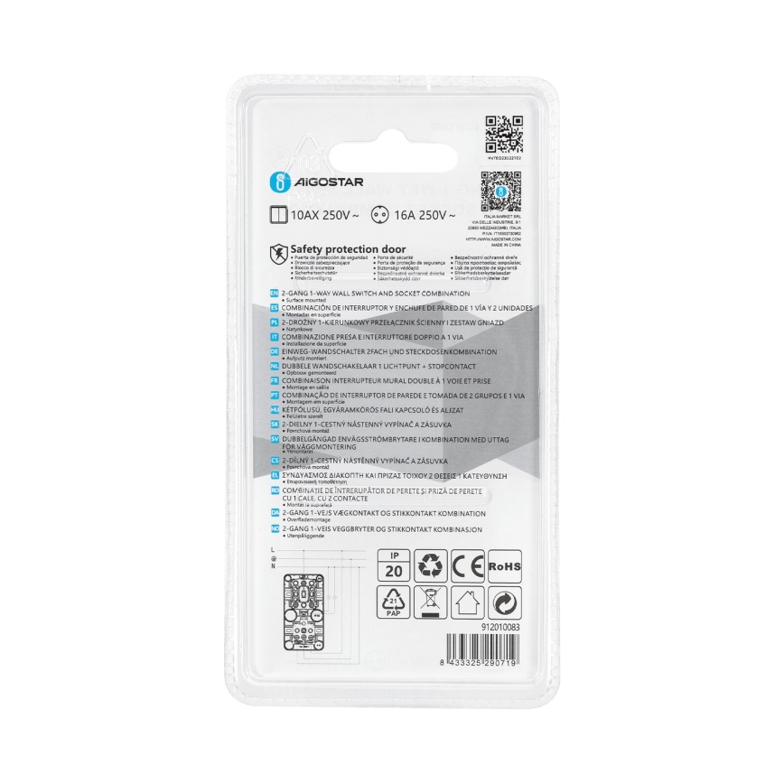 Aigostar - Interruptor doméstico 2P con enchufe 1x10A/250V SCHUKO