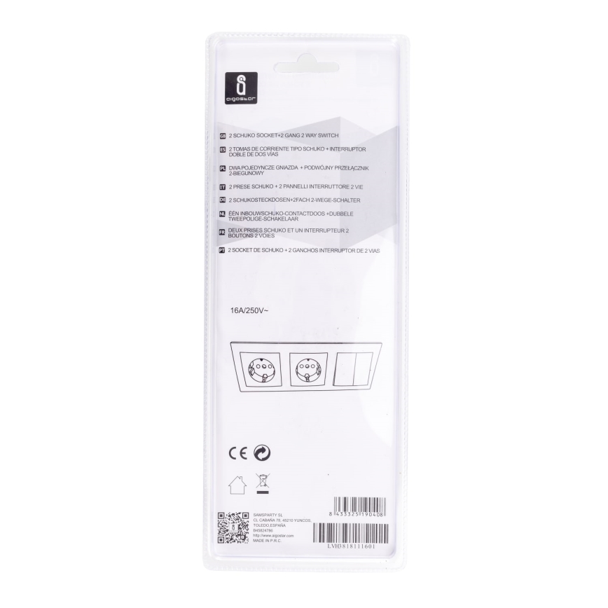 Aigostar - SET de 2 enchufes con interruptor 2x16A/250V SCHUKO