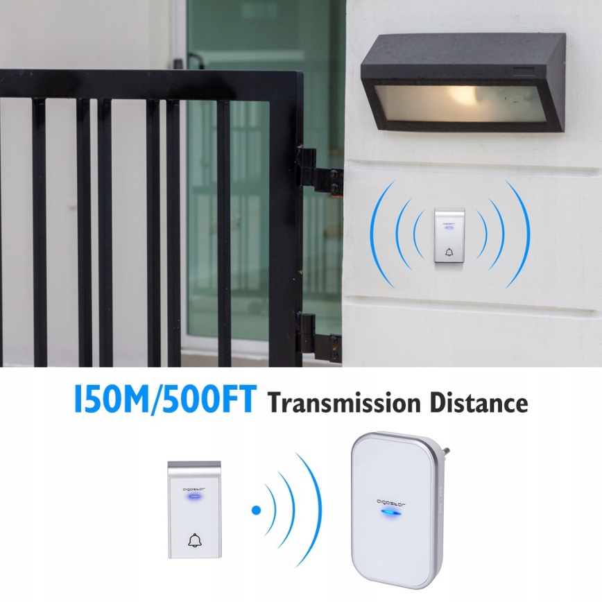 Aigostar - SET de 2 timbres inalámbricos para enchufe 230V/12V IP44 blanco