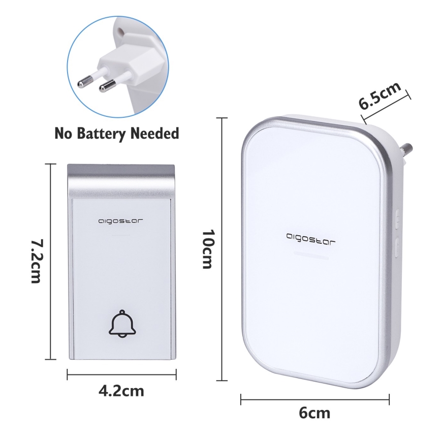 Aigostar - SET de 2 timbres inalámbricos para enchufe 230V/12V IP44 blanco