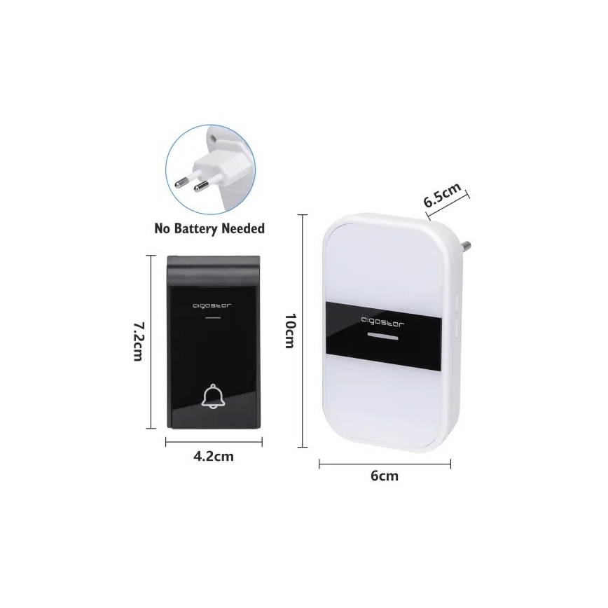 Aigostar - SET de 2 timbres inalámbricos para enchufe 230V/12V IP44 blanco/negro