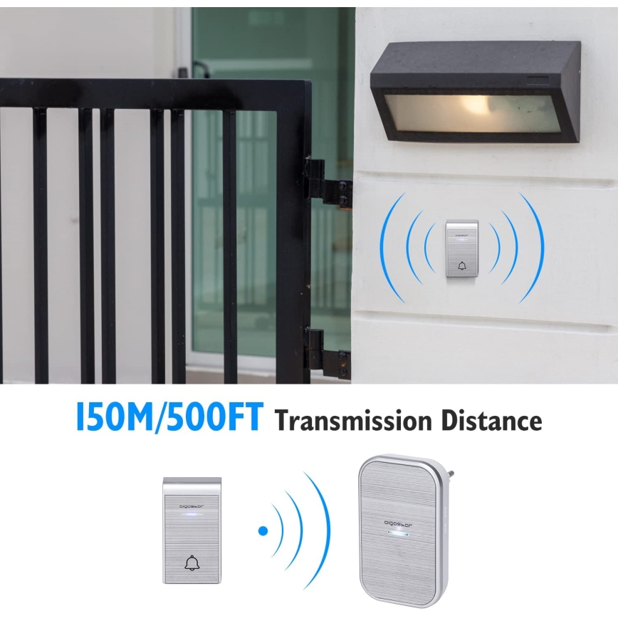 Aigostar - SET de 2 timbres inalámbricos para enchufe 230V/12V IP44 color plata