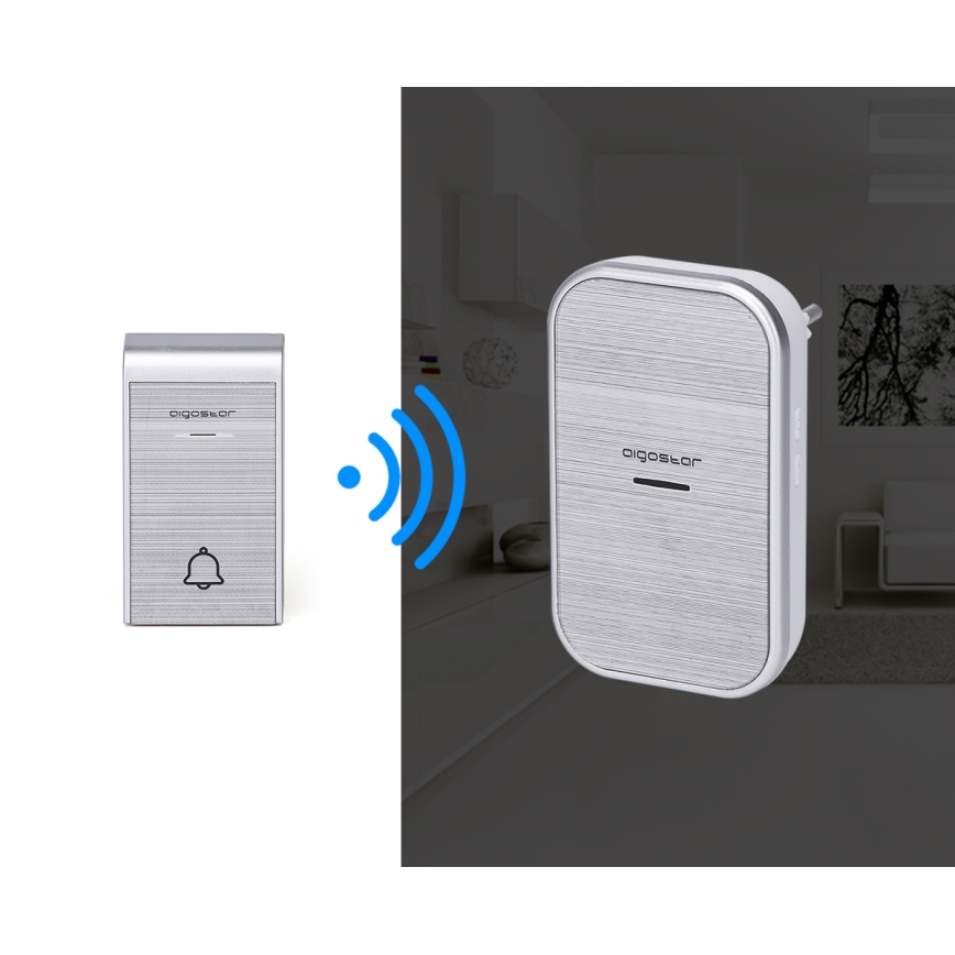 Aigostar - SET de 2 timbres inalámbricos para enchufe 230V/12V IP44 color plata
