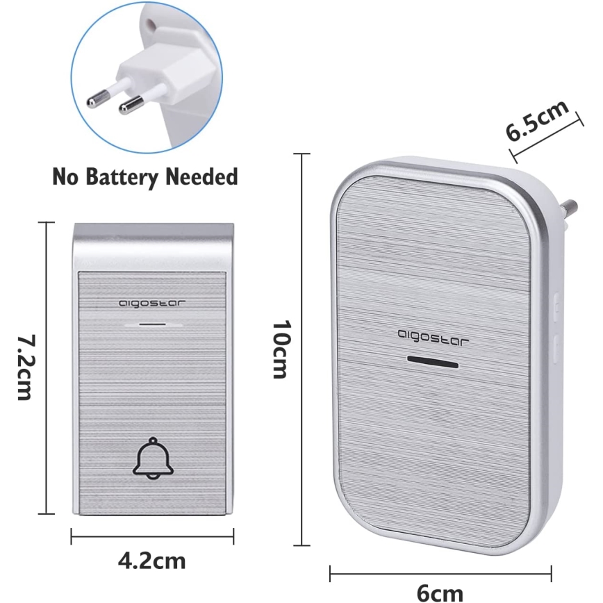 Aigostar - SET de 2 timbres inalámbricos para enchufe 230V/12V IP44 color plata