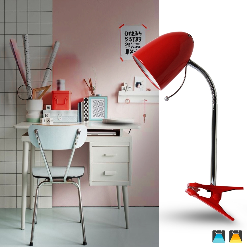 Aigostar - Lámpara de mesa con clip 1xE27/11W/230V roja/cromo brillante
