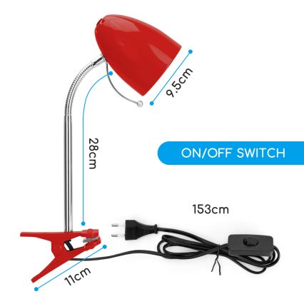 Aigostar - Lámpara de mesa con clip 1xE27/11W/230V roja/cromo brillante
