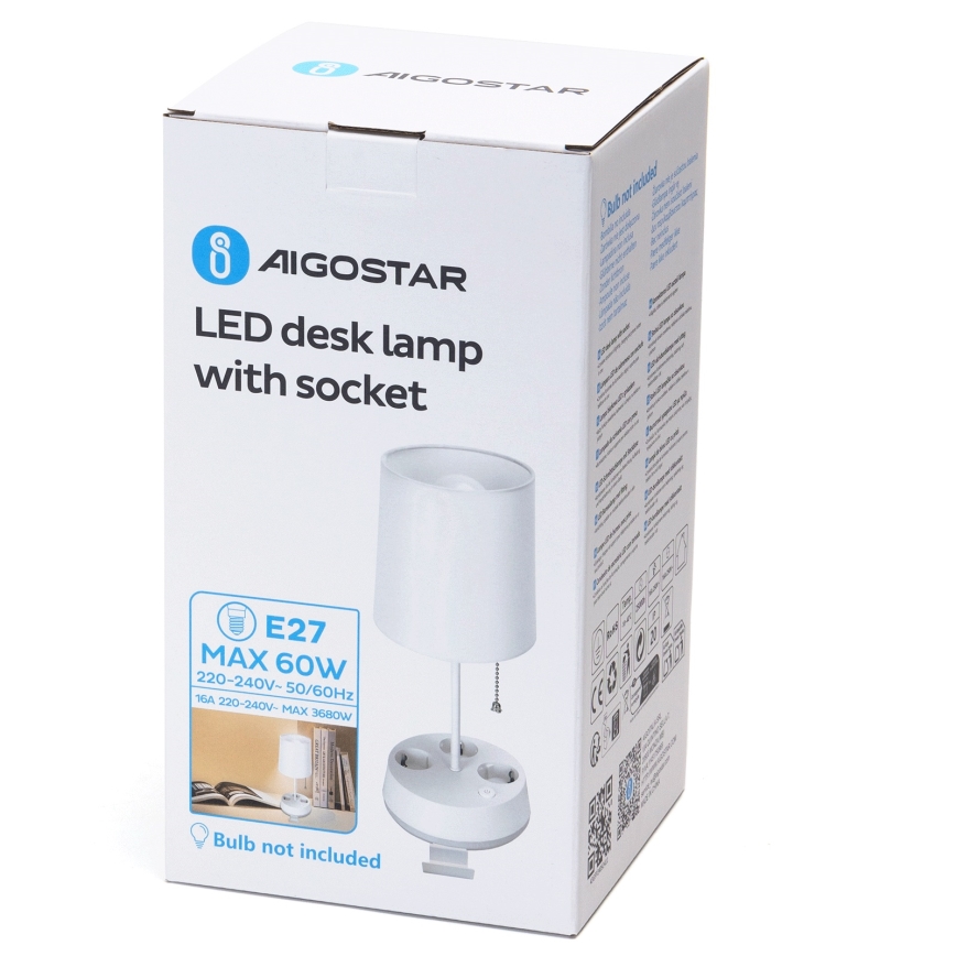 Aigostar - Lámpara de mesa con enchufes 1xE27/60W/230V blanca