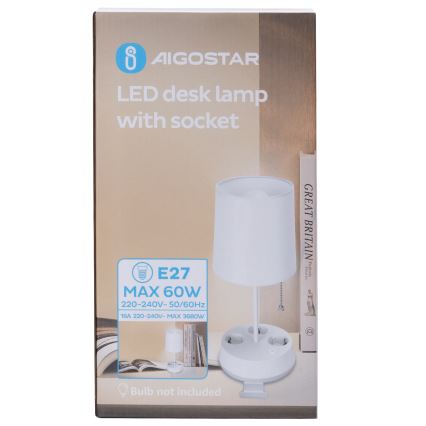 Aigostar - Lámpara de mesa con enchufes 1xE27/60W/230V blanca