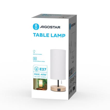 Aigostar - Lámpara de mesa con puerto USB 1xE27/40W/230V beige
