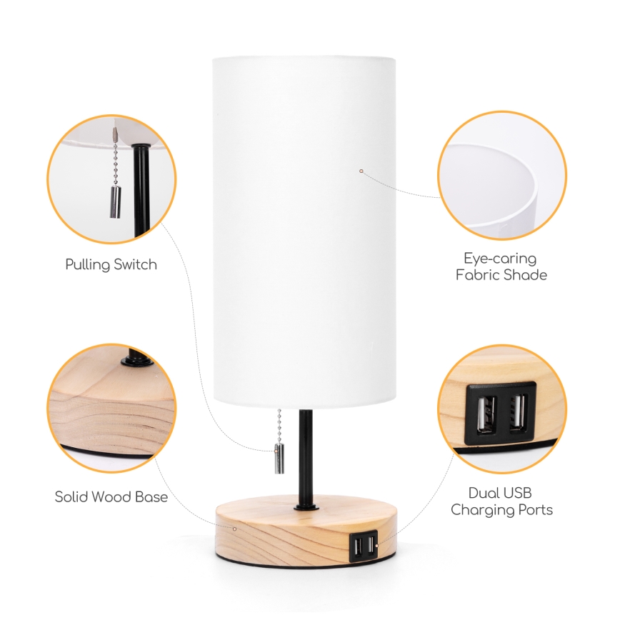 Aigostar - Lámpara de mesa con puerto USB 1xE27/40W/230V negra/crema