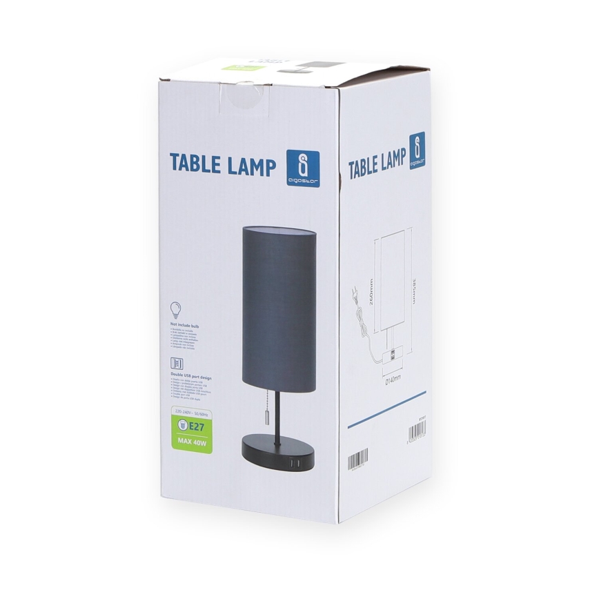 Aigostar - Lámpara de mesa con puerto USB 1xE27/40W/230V negro