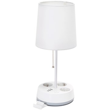 Aigostar - Lámpara de mesa con tomas de corriente y puertos USB 1xE27/60W/230V blanca