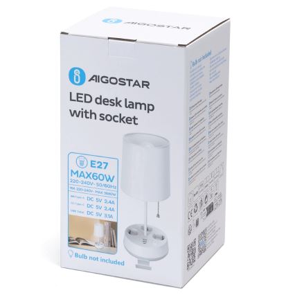 Aigostar - Lámpara de mesa con tomas de corriente y puertos USB 1xE27/60W/230V blanca