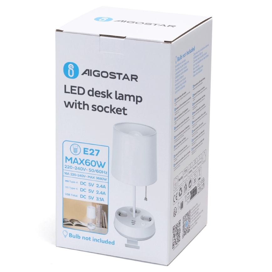 Aigostar - Lámpara de mesa con tomas de corriente y puertos USB 1xE27/60W/230V blanca