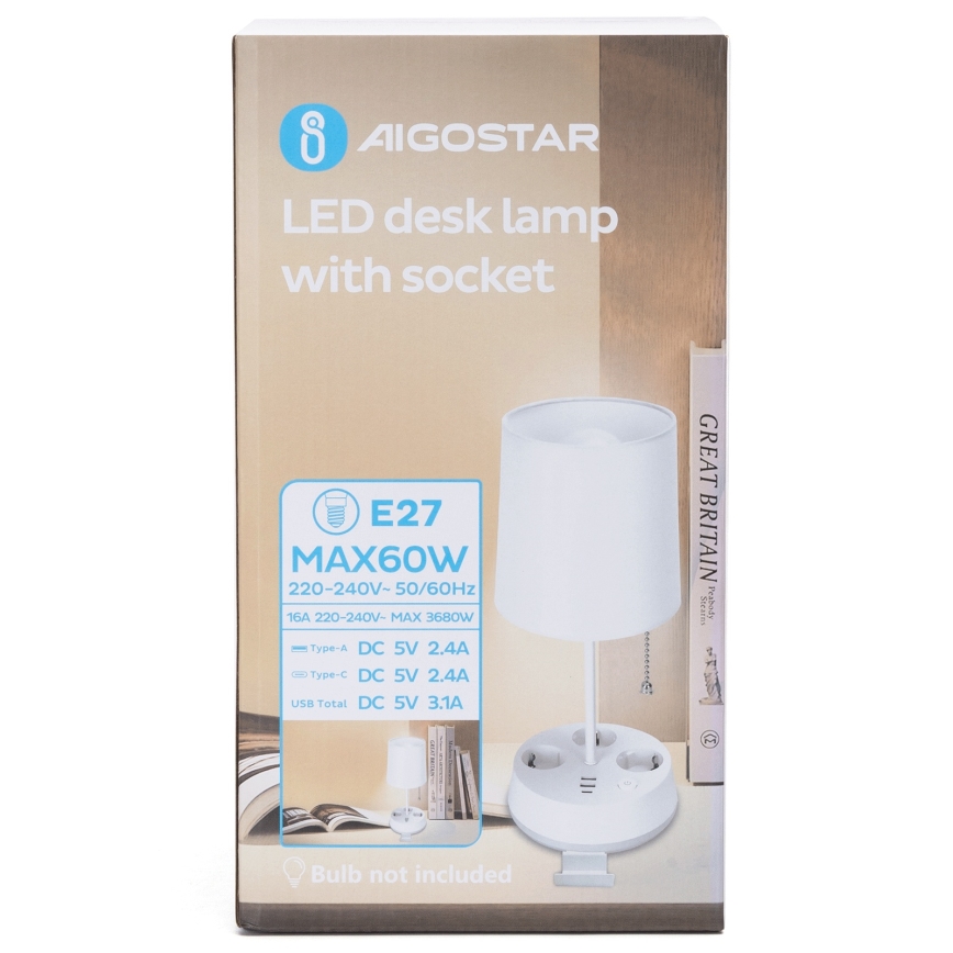 Aigostar - Lámpara de mesa con tomas de corriente y puertos USB 1xE27/60W/230V blanca