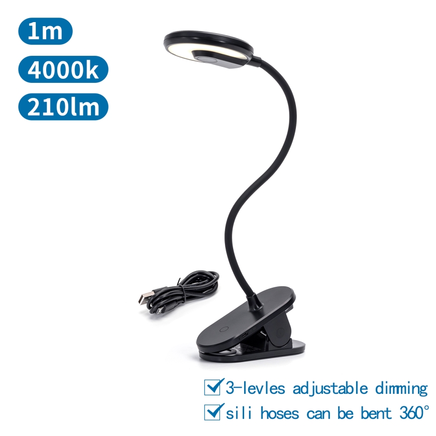 Aigostar - Lámpara de mesa LED recargable regulable con clip LED/3W/5V 1800mAh negro