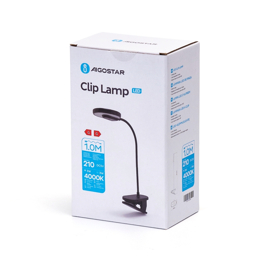 Aigostar - Lámpara de mesa LED recargable regulable con clip LED/3W/5V 1800mAh negro