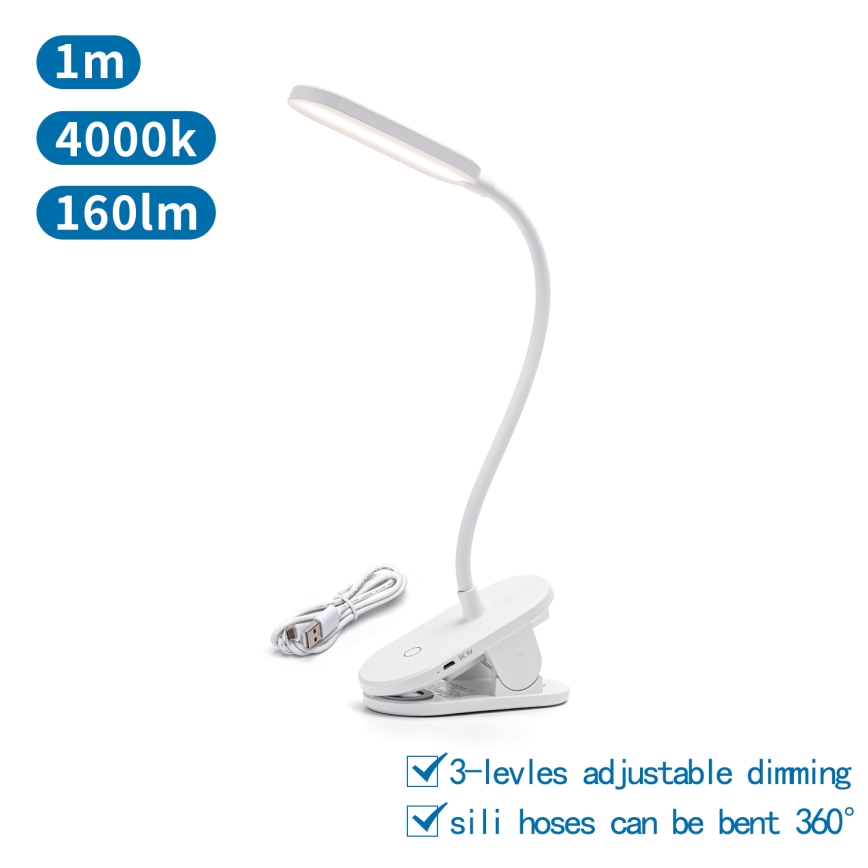 Aigostar - Lámpara de mesa LED regulable recargable con clip LED/2,5W/5V 1200mAh blanco