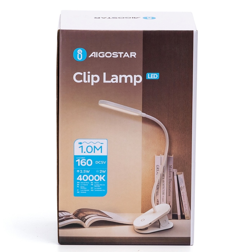 Aigostar - Lámpara de mesa LED regulable recargable con clip LED/2,5W/5V 1200mAh blanco