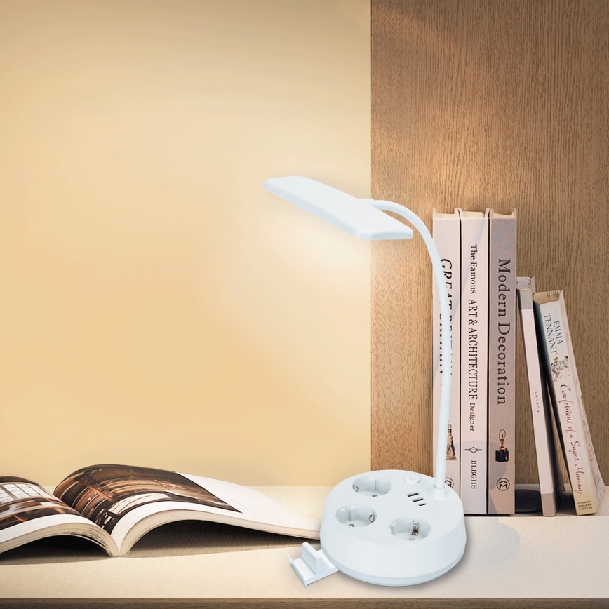 Aigostar - Lámpara de sobremesa LED regulable con enchufes y USB LED/4,6W/230V 3000/4000/6500K blanca