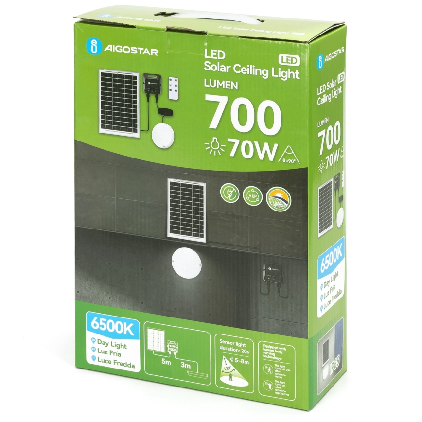 Aigostar - Lámpara de techo solar con sensor LED/70W/3,7V 6000 mAh IP65 + mando a distancia