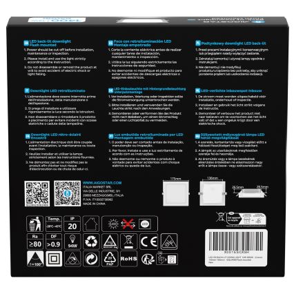 Aigostar - Lámpara empotrable LED/12W/230V 6500K 17,5x17,5 cm blanca