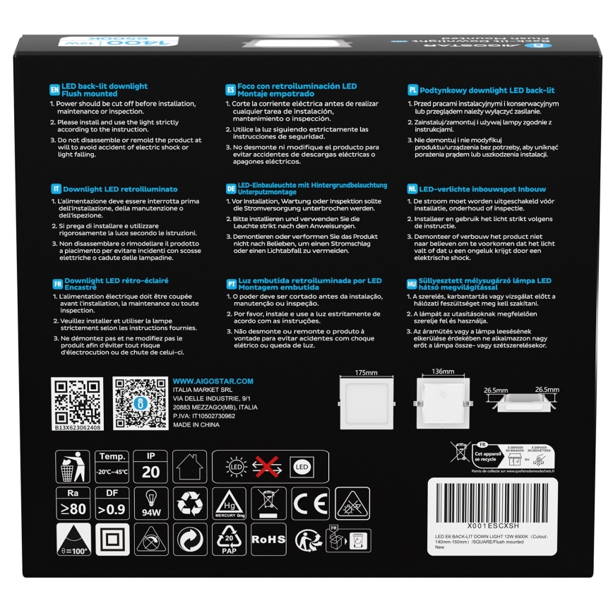 Aigostar - Lámpara empotrable LED/12W/230V 6500K 17,5x17,5 cm blanca