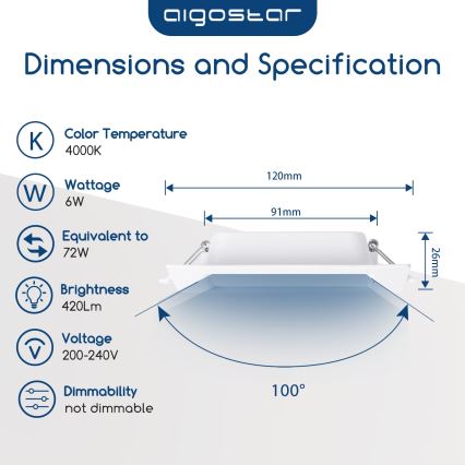 Aigostar - Lámpara empotrable LED/6W/230V 4000K 12x12 cm blanca