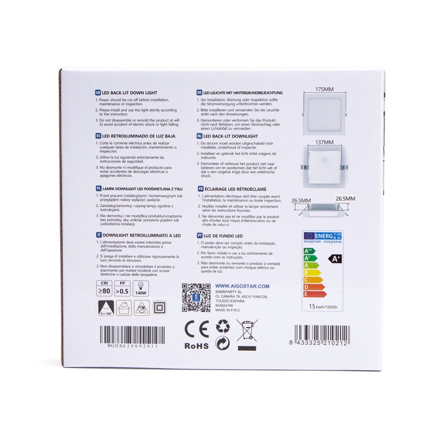 Aigostar - Lámpara empotrable LED LED/15W/230V 17,5x17,5 cm 3000K blanco