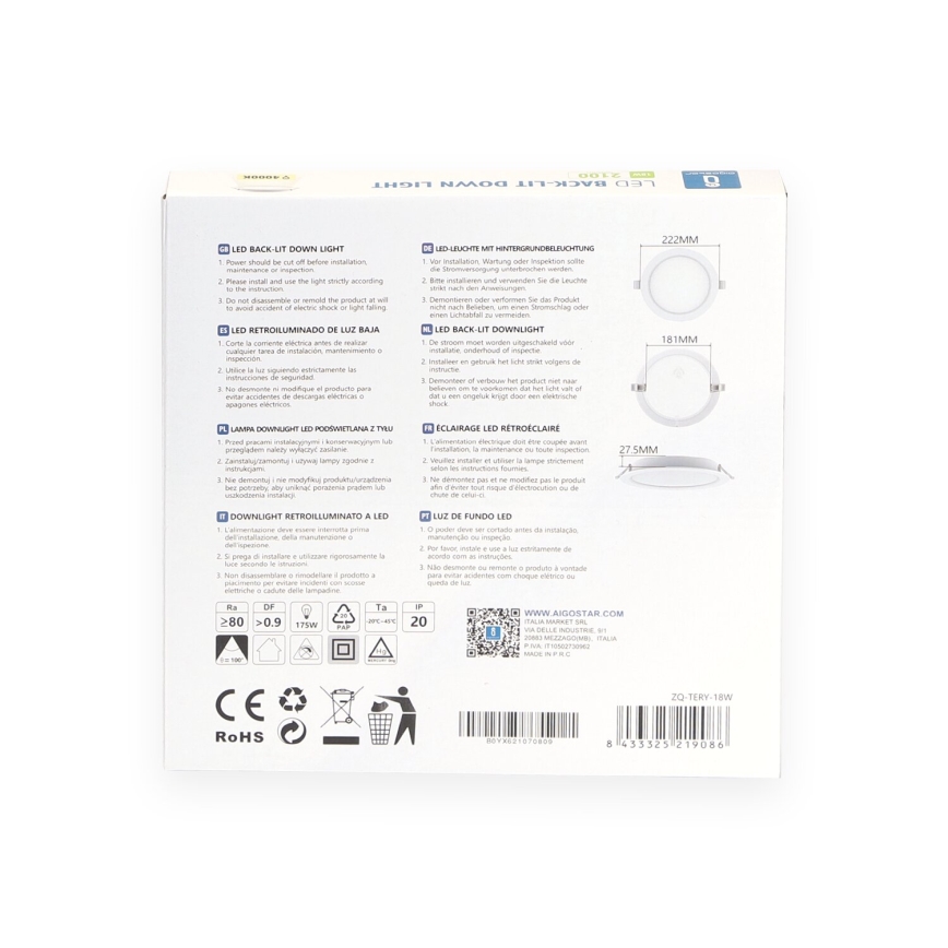 Aigostar - Lámpara empotrable LED LED/18W/230V 4000K diá. 22 cm blanco