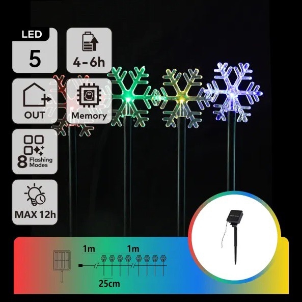 Aigostar - Lámpara navideña solar LED RGBY 5xLED/1,2V/8 funciones 1m IP65 800mAh copos de nieve