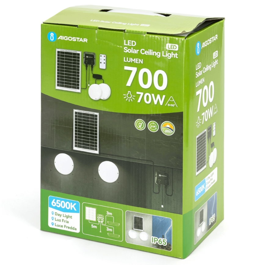 Aigostar - Lámpara solar LED 2xLED/35W/12V 6000 mAh 6500K diá. 16,8 cm + control remoto