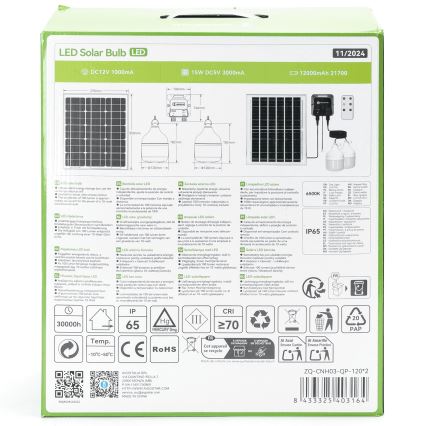 Aigostar - Lámpara solar LED 2xLED/70W/12V 12000 mAh 6500K diá. 12 cm + control remoto