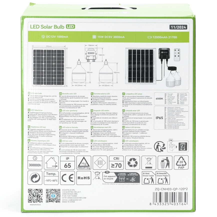 Aigostar - Lámpara solar LED 2xLED/70W/12V 12000 mAh 6500K diá. 12 cm + control remoto