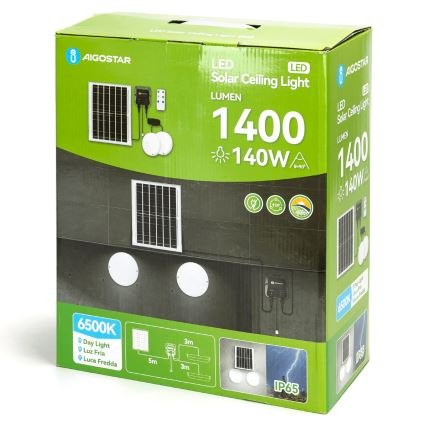 Aigostar - Lámpara solar LED 2xLED/70W/12V 12000 mAh 6500K diá. 20,5 cm + control remoto