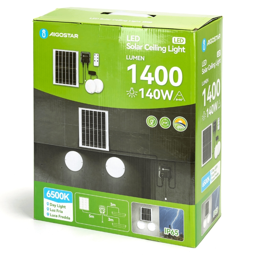 Aigostar - Lámpara solar LED 2xLED/70W/12V 12000 mAh 6500K diá. 20,5 cm + control remoto
