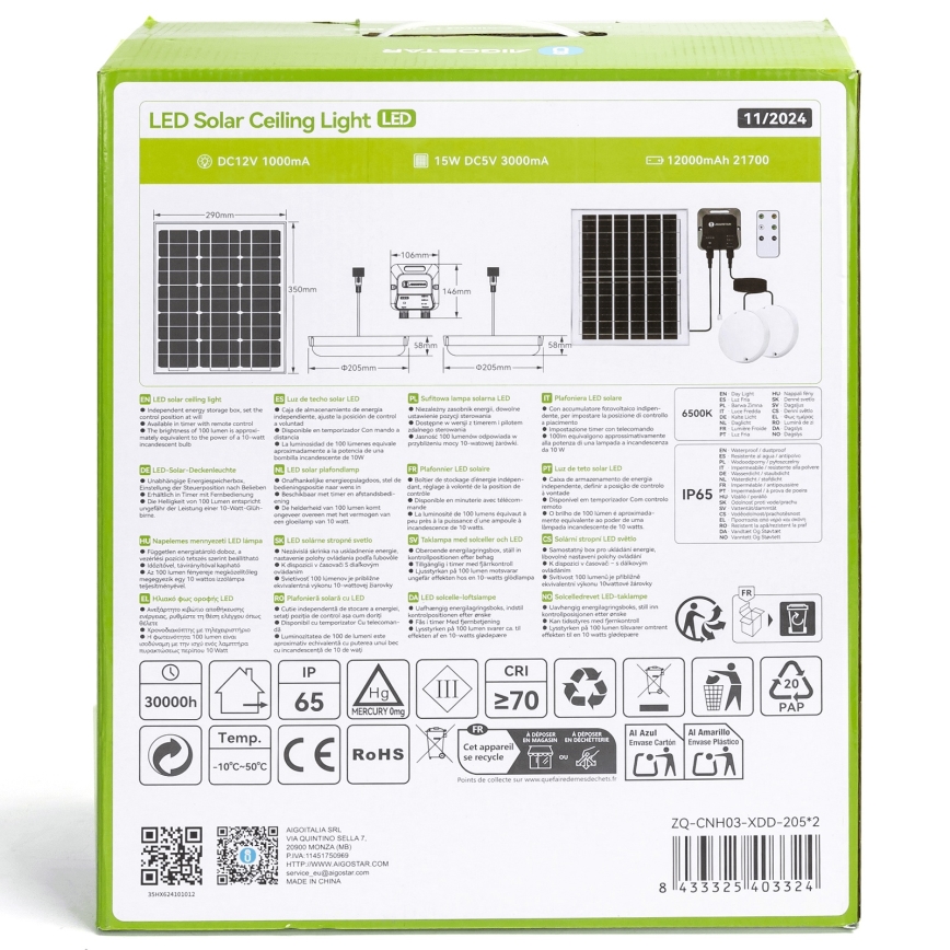 Aigostar - Lámpara solar LED 2xLED/70W/12V 12000 mAh 6500K diá. 20,5 cm + control remoto