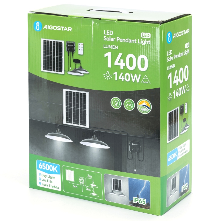Aigostar - Lámpara solar LED 2xLED/70W/12V 12000 mAh 6500K diá. 23,5 cm + control remoto