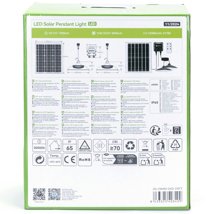Aigostar - Lámpara solar LED 2xLED/70W/12V 12000 mAh 6500K diá. 23,5 cm + control remoto