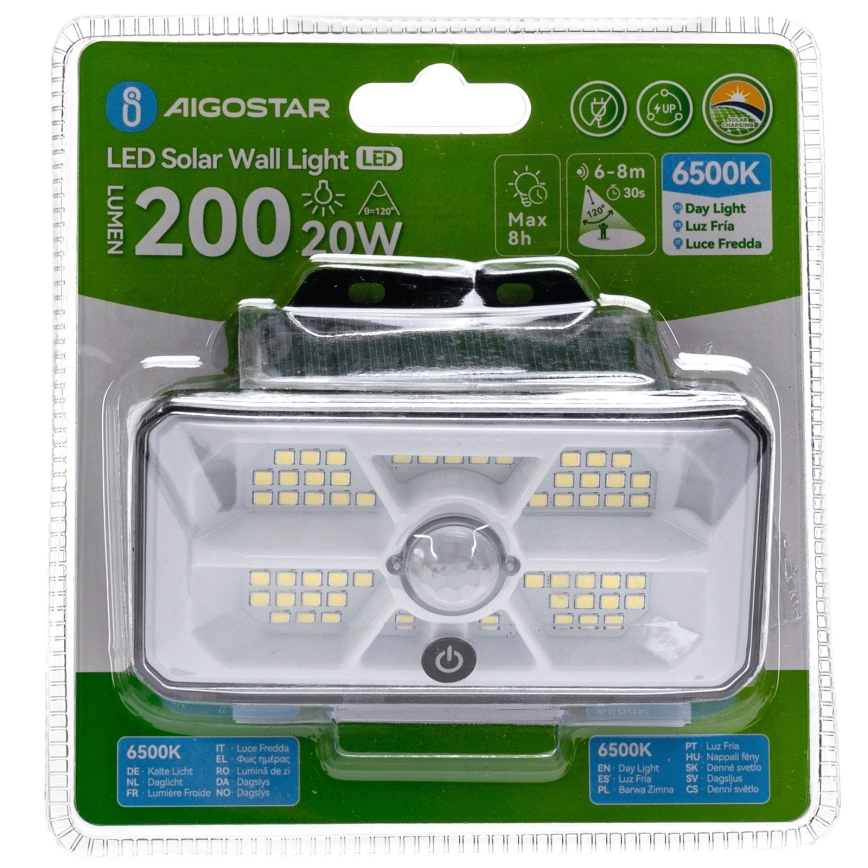 Aigostar - Lámpara solar LED con sensor 3,7V 6500K 500 mAh IP65 negra