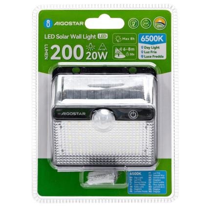Aigostar - Lámpara Solar LED con sensor LED/3,7V 6500K 1200 mAh IP65 negra
