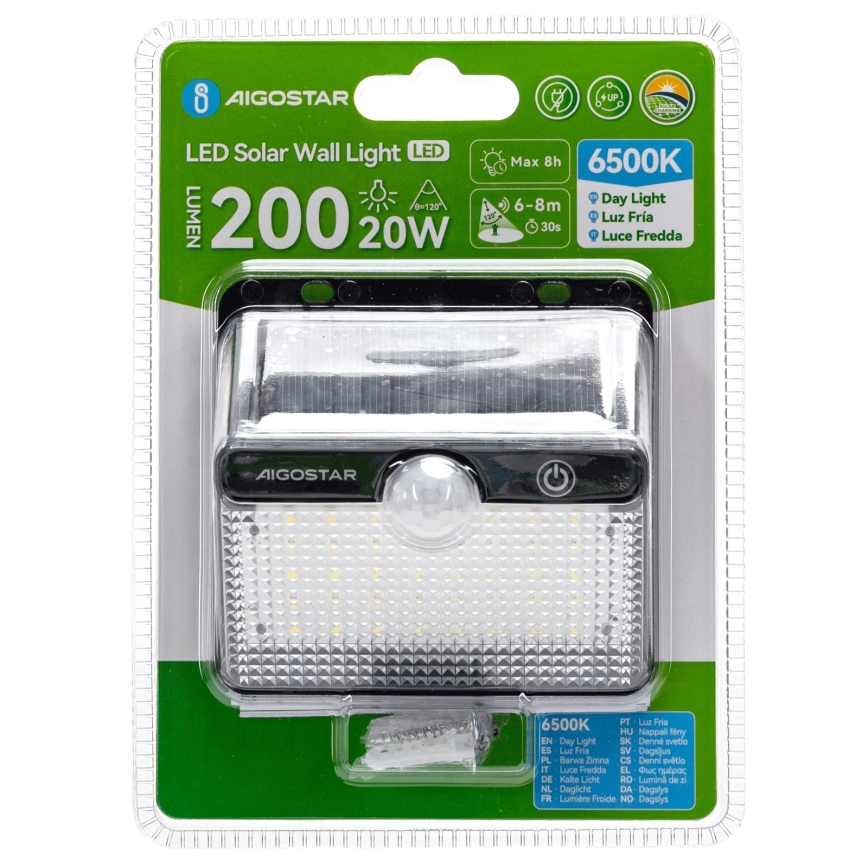 Aigostar - Lámpara Solar LED con sensor LED/3,7V 6500K 1200 mAh IP65 negra