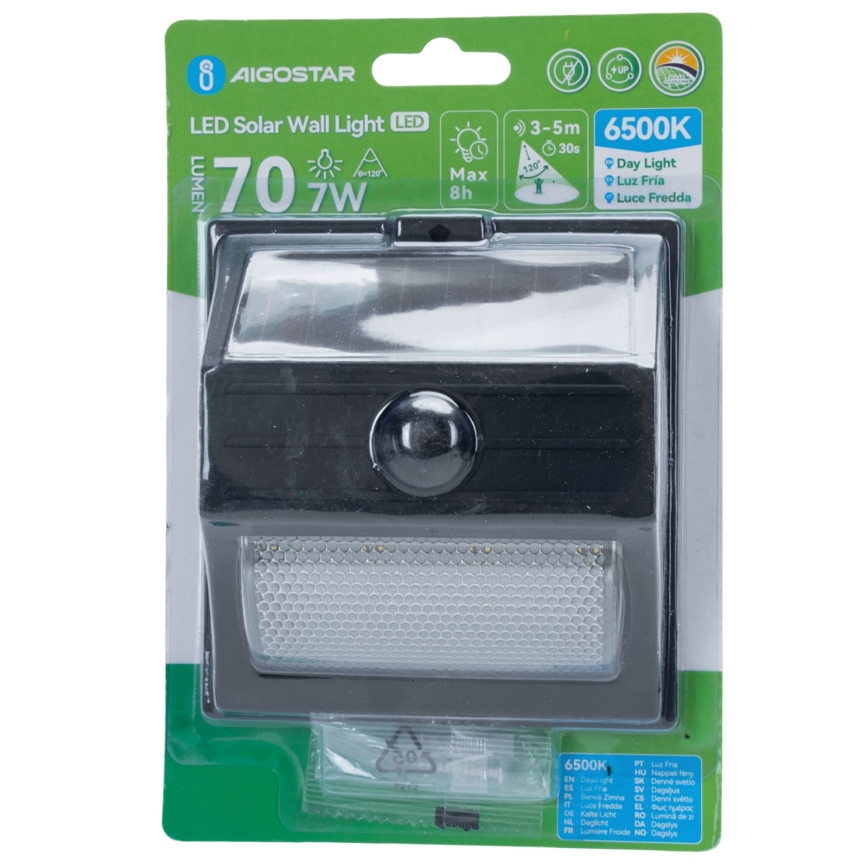 Aigostar - Lámpara solar LED con sensor LED/3,7V 6500K 500 mAh IP65 negro