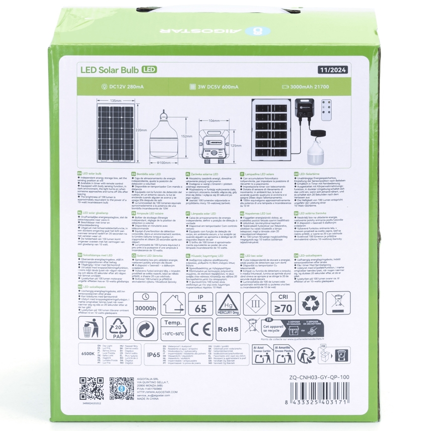 Aigostar - Lámpara solar LED con sensor LED/35W/12V 3000 mAh 6500K diá. 10 cm + control remoto