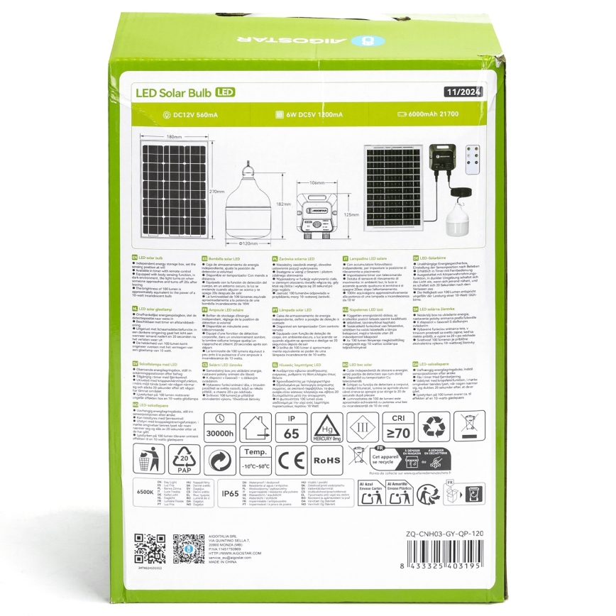 Aigostar - Lámpara solar LED con sensor LED/70W/12V 6000 mAh 6500K diá. 12 cm + control remoto