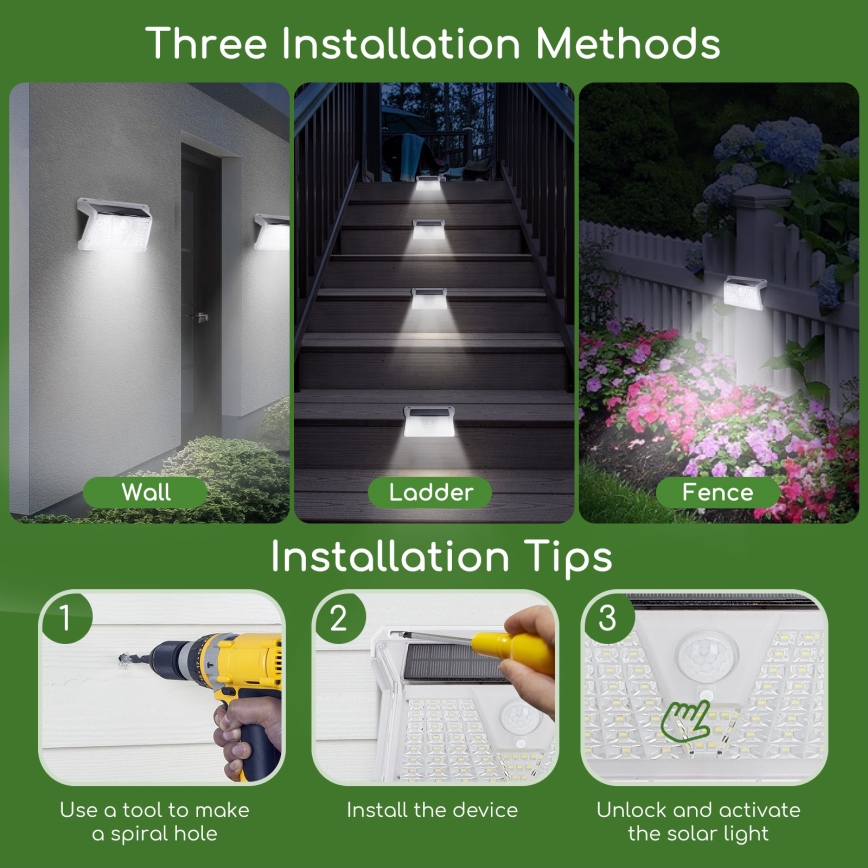 Aigostar - Lámpara solar LED exterior con sensor LED/2,4W/5V 1200 mAh IP65